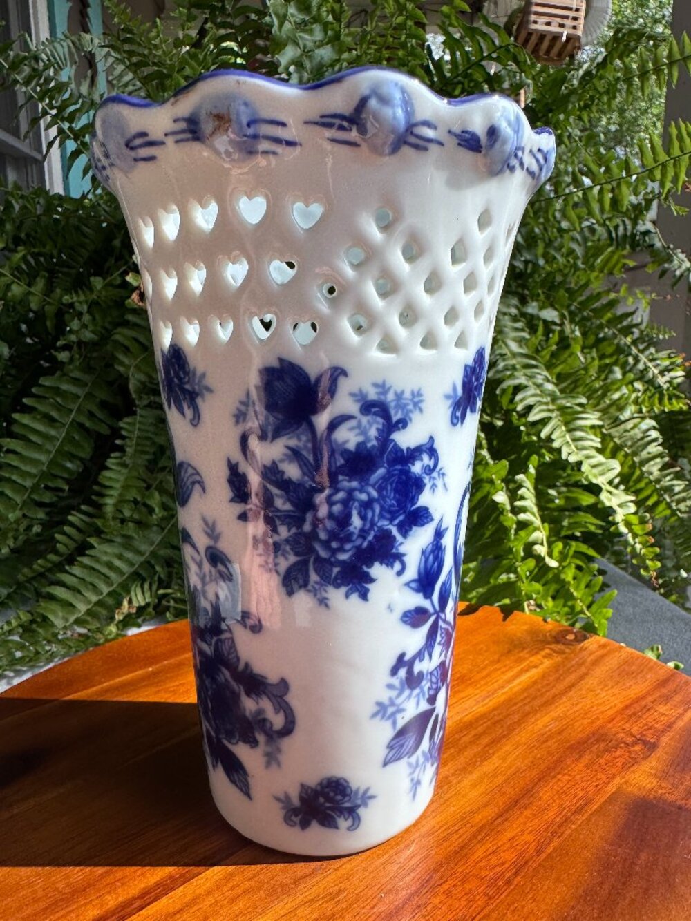Vintage Cracker Barrel Reticulated Heart Vase Blue & White Floral Porcelain
